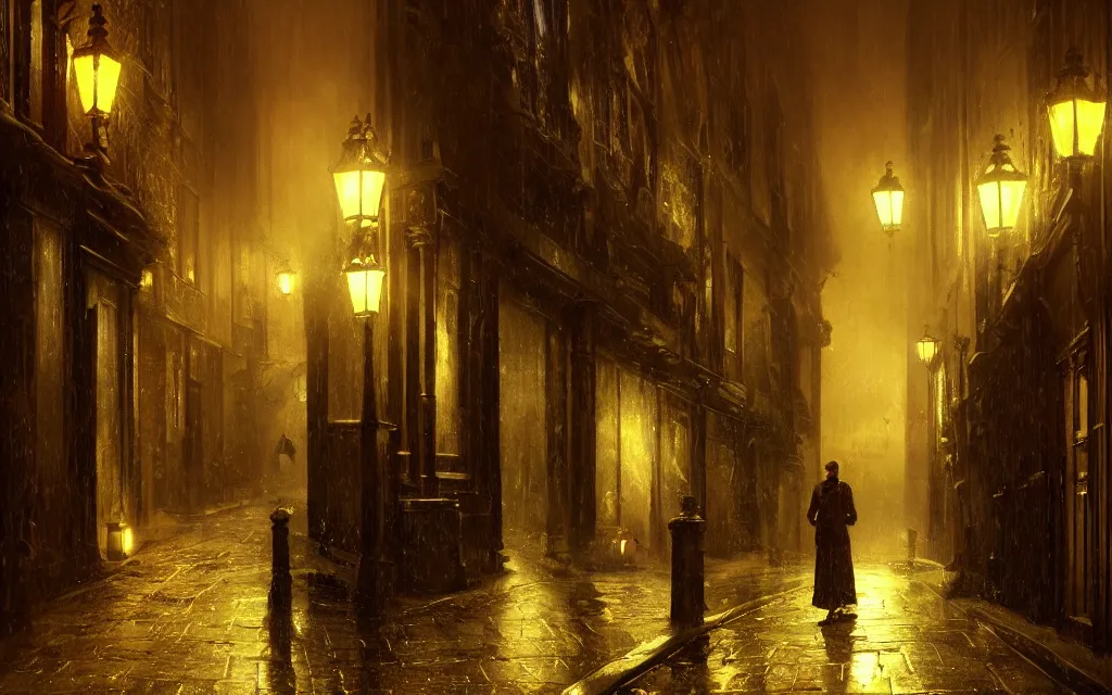 Image similar to quiet victorian london alley at night, raining, dim volumetric lighting, 8 k octane render, hdr, postprocessing, hyperdetailed, intricate, epic composition, cinematic lighting, masterpiece, trending on artstation, stunning artwork by anders zorn, extraordinary art by greg rutkowski,