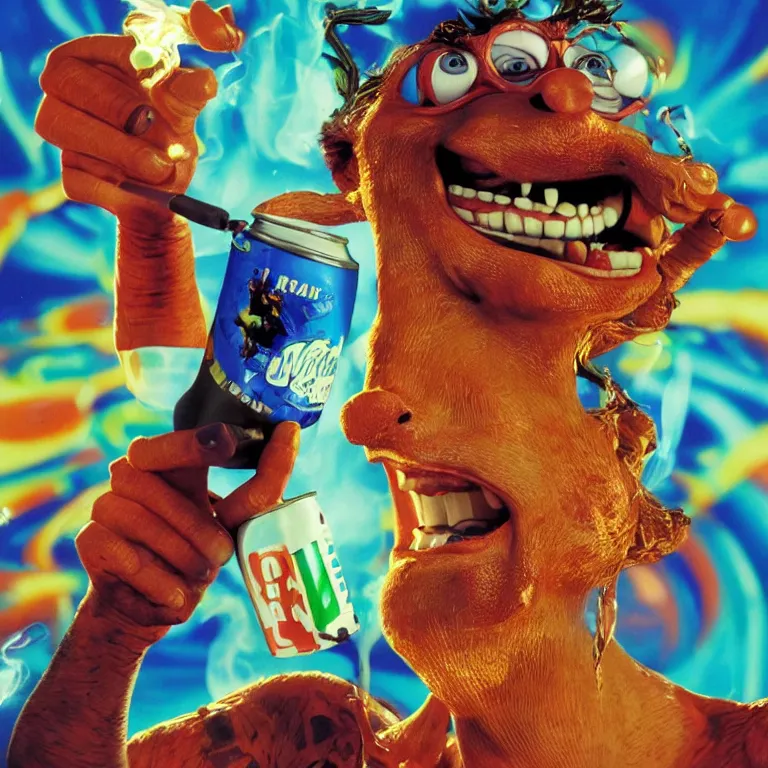 Prompt: 1 9 9 0's wild advertisement octane render portrait by wayne barlow and carlo crivelli and glenn fabry and pixar, a crazed humanoid cartoon leapord smoking a cigarette while holding up a colorful neon blue energy drink while standing on a playground, cinema 4 d, ray traced lighting, very short depth of field, bokeh