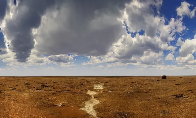 Image similar to panorama of big raindrops flying upwards into the perfect cloudless blue sky from a dried up river in a desolate land, dead trees, blue sky, hot and sunny highly-detailed, elegant, dramatic lighting, artstation, 4k, cinematic landscape, photograph by National Geographic