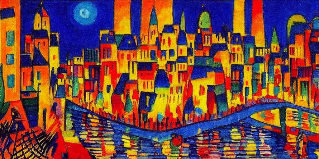 Prompt: fine detail painting of paris at night by kandinsky, ornate
