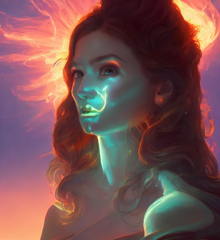 Prompt: centered waist up portrait photography an angel + glowing outlines, bokeh + DOF + 8k, photorealistic + rendered in unreal engine + composition by Peter Mohrbacher + line work by Dan Mumford , ultra realistic + backlit + strong rimlight, sunset + HDRI, HD, Photoreal