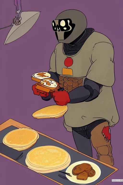 Image similar to mf doom making pancakes, animation pixar style, by pendleton ward, magali villeneuve, artgerm, rob rey and kentaro miura style, golden ratio, trending on art station