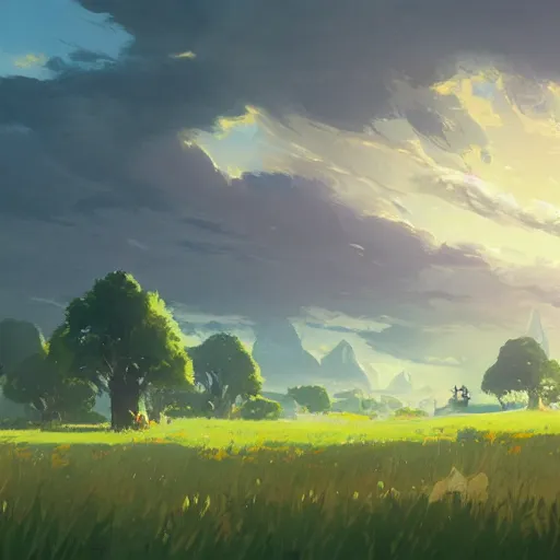 Image similar to landscape of a field. clean sharp digital art, environment concept art, by rossdraws, ghibli, breath of the wild, greg rutkowski