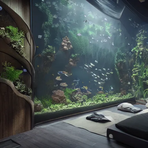 Image similar to a spacious room with freshwater aquariums as walls, hyper realistic, ambient lighting, concept art, intricate, hyper detailed, smooth, dynamic volumetric lighting, octane, raytrace, cinematic, high quality, high resolution, 4 k, cgsociety, rutkowski, gurney