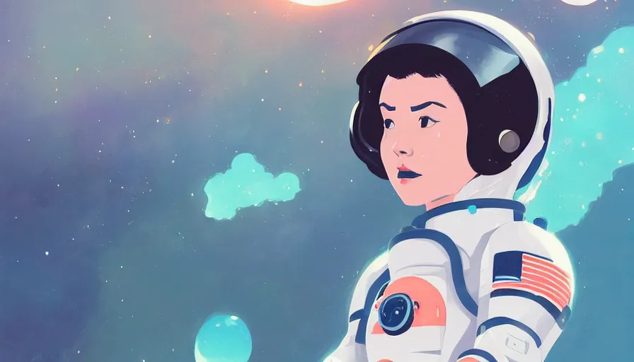 Prompt: a portrait of a female astronaut floating weightless in a scenic environment by atey ghailan in the style of yoko tsuno