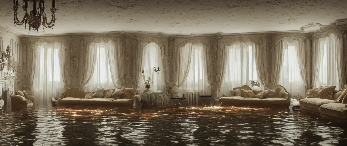 Image similar to decorative empty victorian livingroom flooded with water, octane render, 8k, artstation, concept art, smooth, sharp focus