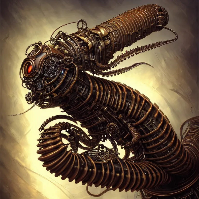 Image similar to steampunk cybernetic biomechanical scolopendra, 3 d model, unreal engine realistic render, 8 k, micro detail, intricate, elegant, highly detailed, centered, digital painting, artstation, smooth, sharp focus, illustration, artgerm, tomasz alen kopera, wlop