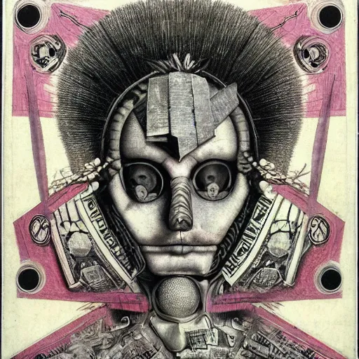 Prompt: post - punk album cover, asymmetrical design, dollar bank, new age, apocalypse, psychedelic, black white pink, magic, giger h. r., giuseppe arcimboldo