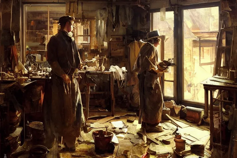 Image similar to oil painting of craftsman buidling a piece of furniture in their workshop, art by anders zorn, wonderful masterpiece by greg rutkowski, beautiful cinematic light, american romanticism by greg manchess, jessica rossier and norman rockwell