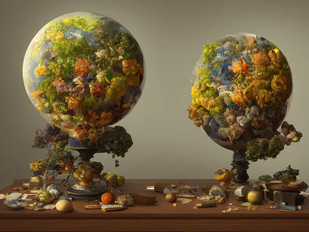 Image similar to 3 d render, sunlight study, the universe is a spheroid region 7 0 5 meters in diameter, art nouveau, by cornelis de heem and ( ( ( ( ( lisa frank ) ) ) ) ), 8 k, sharp focus, octane render