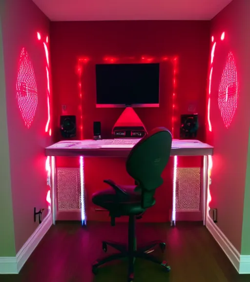 Image similar to gamer room with a person, red led lights, gamer chair