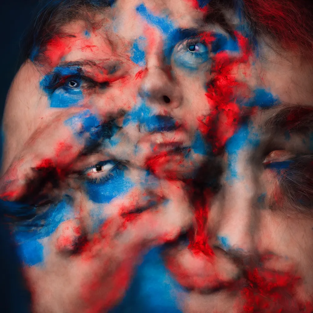 Image similar to an amalgamation of many faces, photograph, blue and red professional studio lights, gaze, editorial model, photo, annie leibovitz, steve mccurry, david lazar, 3 5 mm, f 2. 8, 8 k, detailed