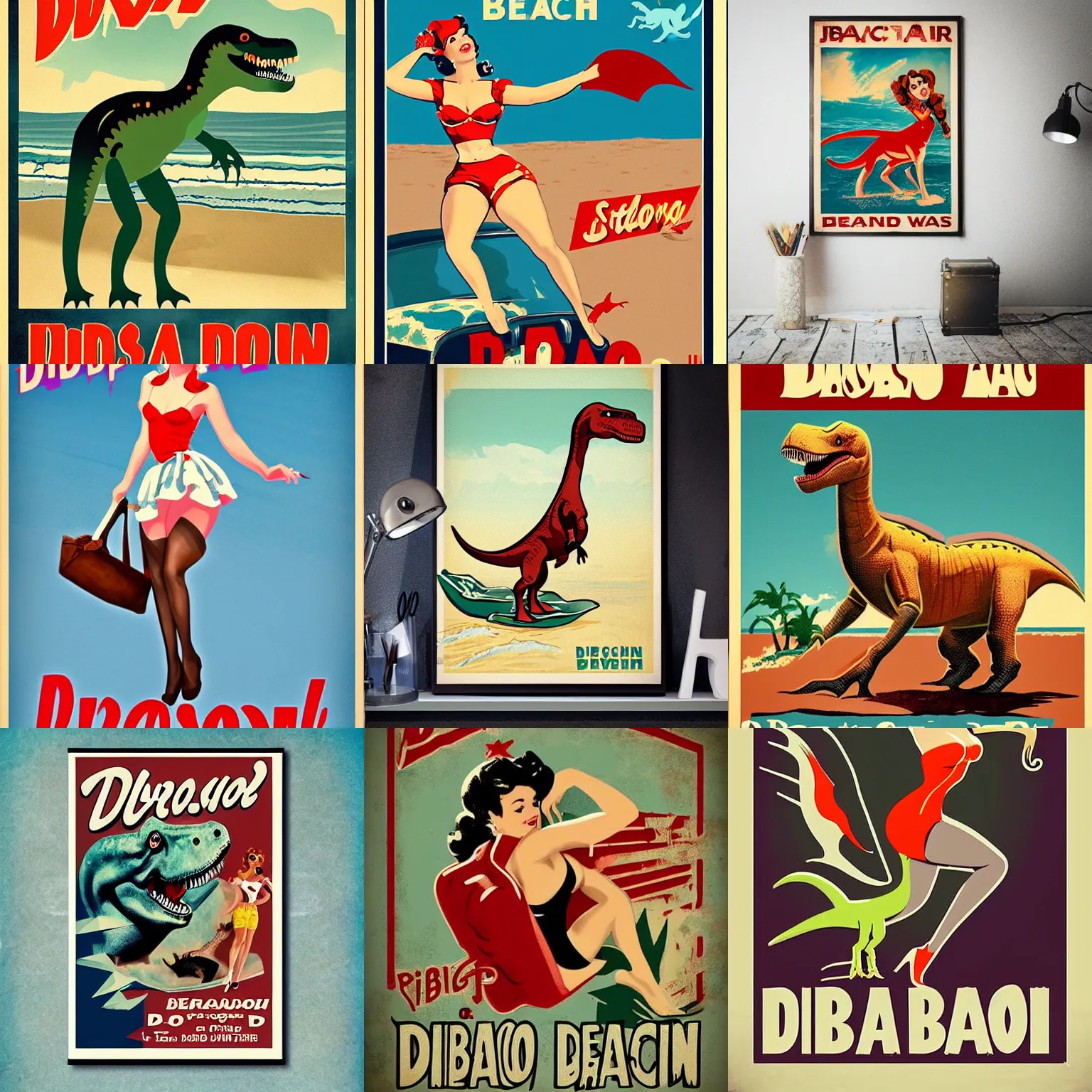 Prompt: Pin up style poster of a dinosaur at the beach