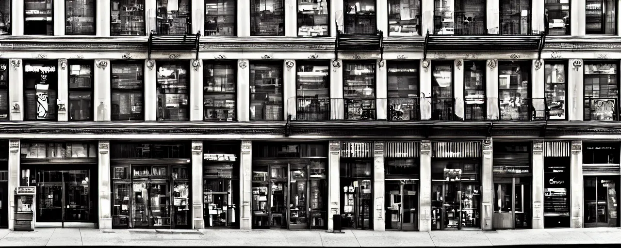 Image similar to building facade. storefronts. city block. new york. digital art