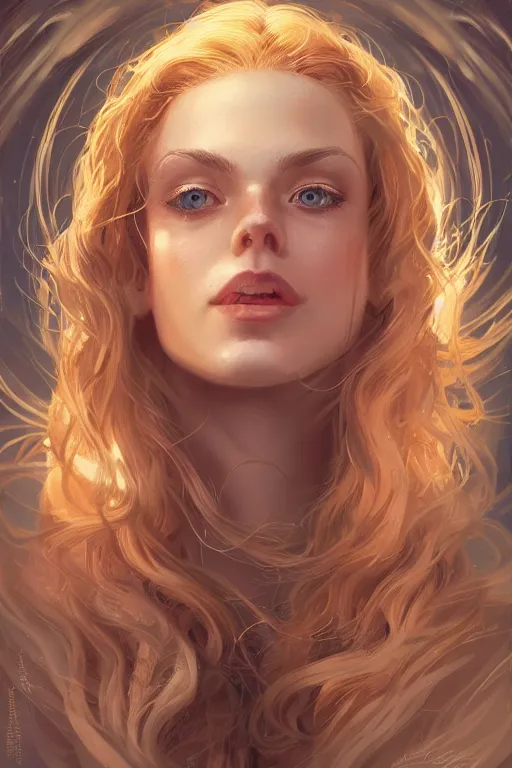 Image similar to an insanely detailed portrait of a beautiful woman facing you, highly detailed features, sparkling blue eyes, long eyelashes, long golden blonde hair, beautiful smile, in the style of peter mohrbacher, artgerm, dramatic lighting and composition, octane render, trending on artstation, concept art 8 k