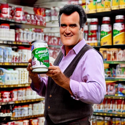 Image similar to Bruce Campbell holding can of campbell soup to the camera, 4k,