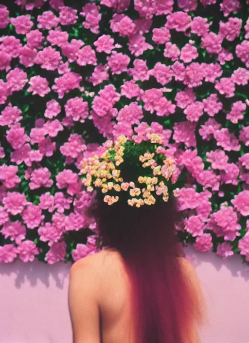 Image similar to extra close-up, color film photography, the back of a woman\'s head with interwoven flowers against a pink wall, daylight, 35mm