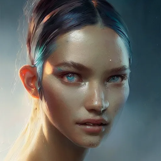 Image similar to a beautiful portrait of a goddess with iridescent skin by greg rutkowski and raymond swanland, trending on artstation