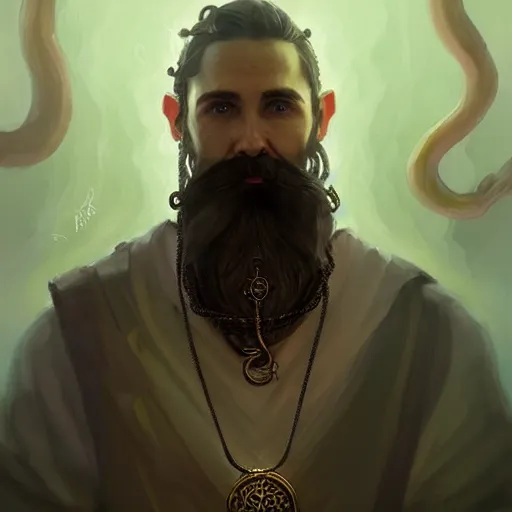 Image similar to A portrait of a cleric of Cthulu with short dark hair and a trimmed beard, he wears a cubic sandstone pendent around his neck, as dark magic emanates from his necklace tentacles spur from the water, digital art by Ruan Jia