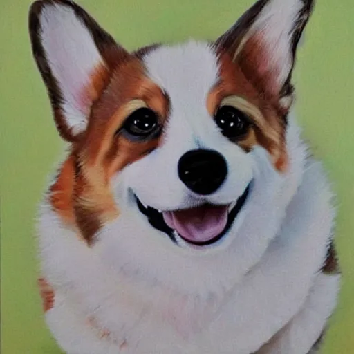 Prompt: corgi realistic painting, happy, cute, smiling