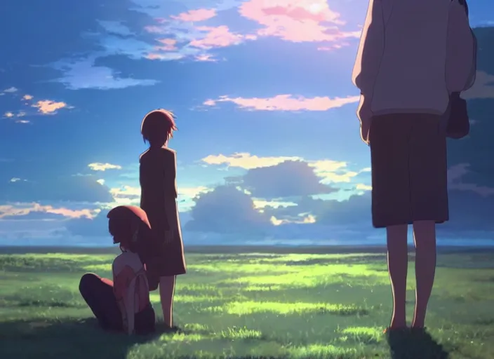 Prompt: a woman and man watching the sun set, anime scenery by Makoto Shinkai