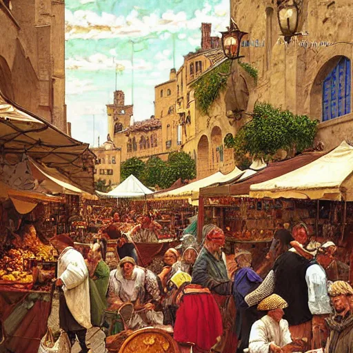 Prompt: a busy medieval Mediterranean street market , beautiful digital art, cinematic composition, detailed, concept art, Matt painting, oil painting, Sigma 24 mm f/8, 1/10 s shutter speed art by Norman Rockwell