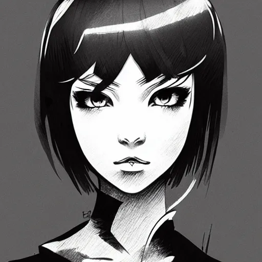 Image similar to an ink drawing of a tech punk girl by ilya kuvshinov, black and white