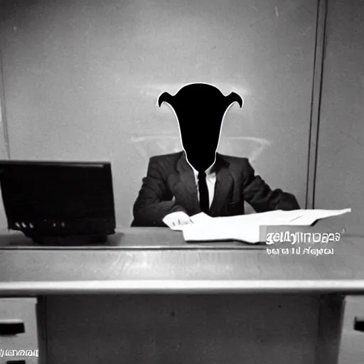 Image similar to Alien wearing a suit working a desk job at Area 51 in the 1960s