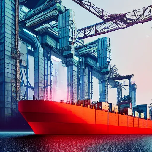 Image similar to photo of Immense industrial futuristic cargo ship arrives at cyber punk city sea port, cinematic lighting, photo