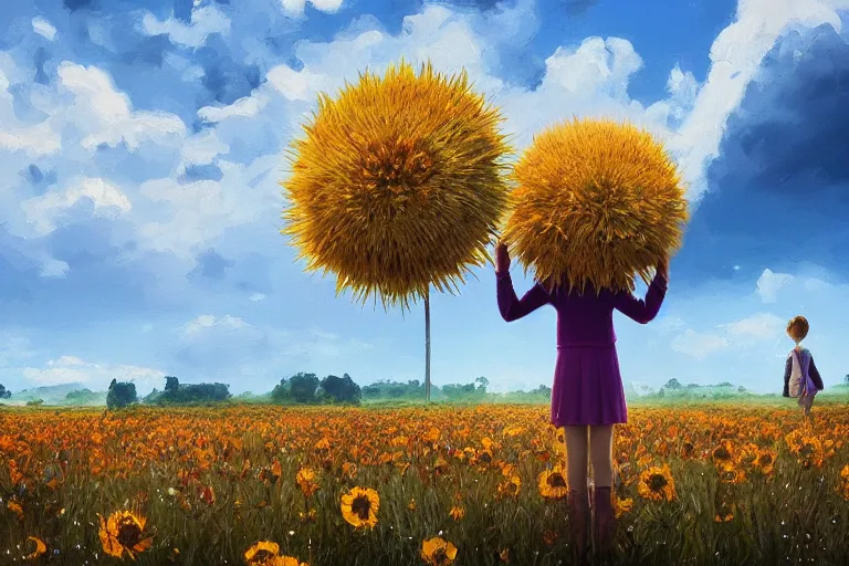 Prompt: giant thistle flower head, a girl in suit in field of flowers, surreal photography, sunrise, blue sky, dramatic light, impressionist painting, digital painting, artstation, simon stalenhag
