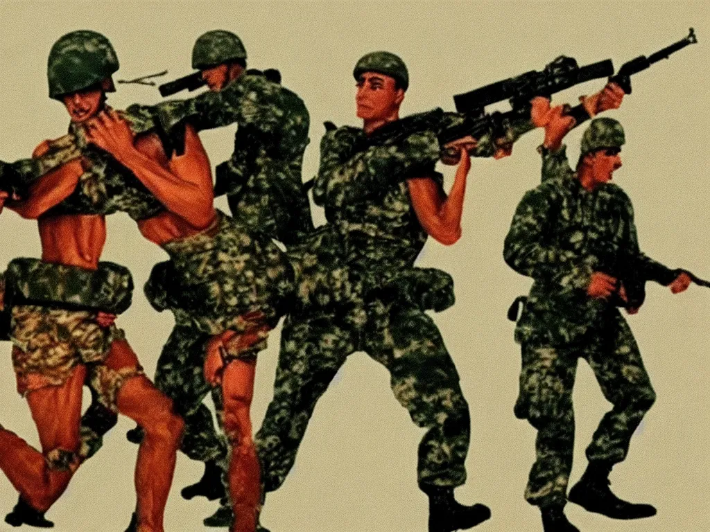 Image similar to vintage 90s VHS video still of a double-headed soldier, deformed body, promoting war, retro TV, noise