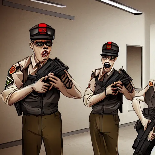 Image similar to zombie security officers with glowing pale red skin in beige uniforms and caps holding bullpup guns in a brutalist office setting trending on artstation digital painting 4 k sharp detail high quality
