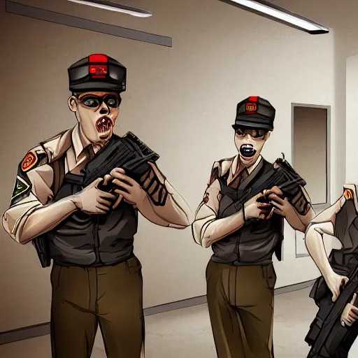 Prompt: zombie security officers with glowing pale red skin in beige uniforms and caps holding bullpup guns in a brutalist office setting trending on artstation digital painting 4 k sharp detail high quality