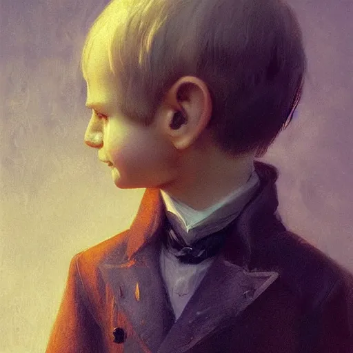 Image similar to A little boy who was alwayshappy-go-lucky, Graceful body structure,cute,Symmetrical face,highly detailed,elegant,Marc Simonetti and Caspar David Friedrich, Trending on artstation