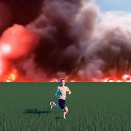 Image similar to cctv footage of a man running across a field, in the background is a large explosion, highly detailed, very realistic.