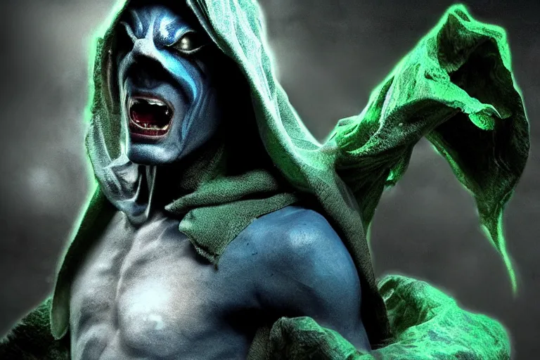 Image similar to vfx film, soul reaver, raziel irl, price of persia movie, missing jaw, hero pose, devouring magic souls, scarf, hood, glowing green soul blade, in epic ancient sacred huge cave temple, flat color profile low - key lighting award winning photography arri alexa cinematography, hyper real photorealistic cinematic beautiful, atmospheric cool colorgrade