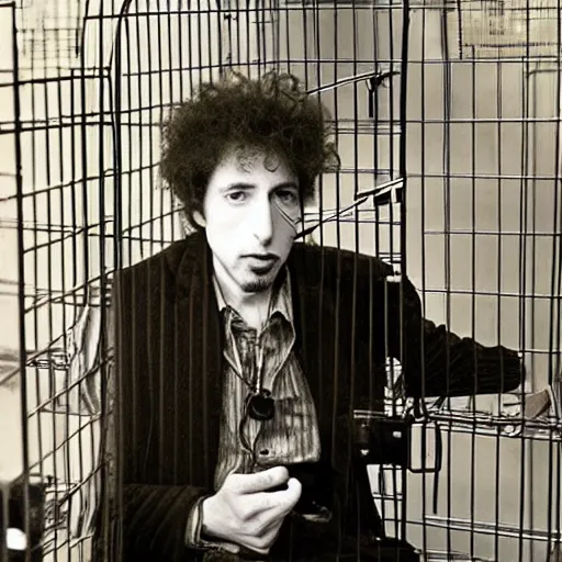 Prompt: bob dylan in a small cage at a pet store, his cage has a price tag