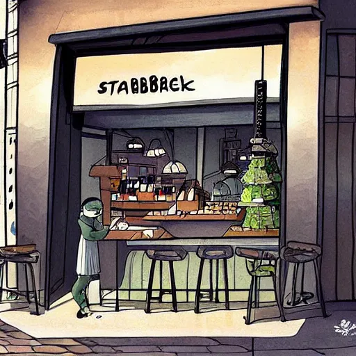 Prompt: starbucks shop with spirited away style, no face man, illustrate, art by ghibli studio