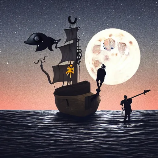 Image similar to a giant anglerfish luring a pirate standing on a ship in the night with a full moon