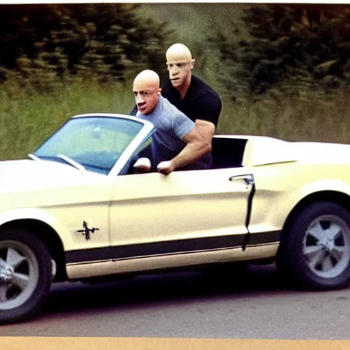 Image similar to coloured photograph of a muscled young white bald guy with broad shoulders, black shirt and a large chest driving a racing red mustang down a british road, high detail, very clear faces