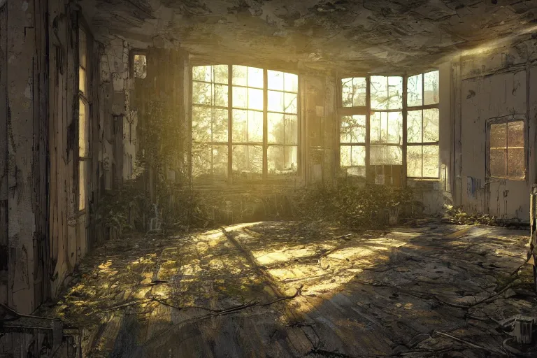 Image similar to the interior of an old abandoned cyberpunk house an old oak tree grows inside the house golden rays of sunlight enter through the window digital art trending artstation