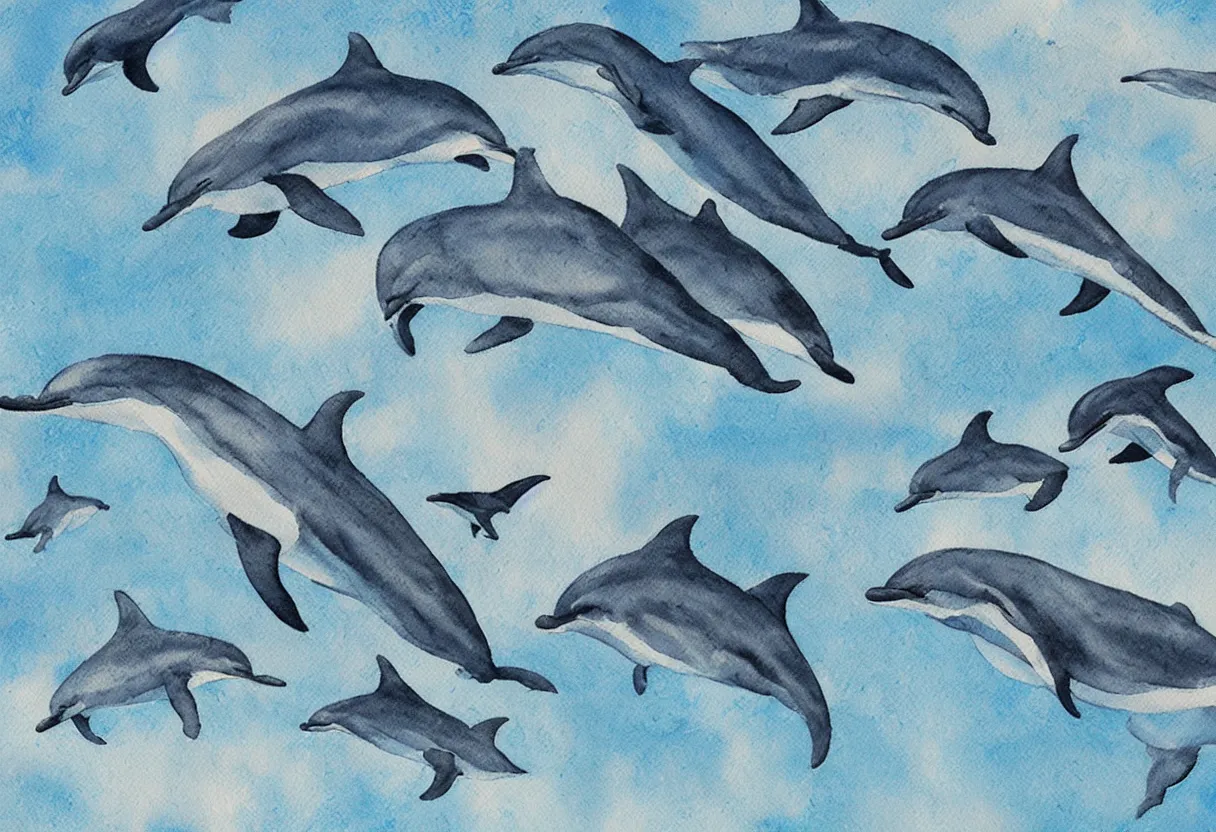 Prompt: close up on the mother of a family of dolphins flying through the sky together science fiction watercolor painting, highly detailed