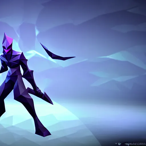 Image similar to low poly simple art of Nocturne splashart, nocturne is a dark ghost with no legs in armor and has blades on his arms, league of legends nocturne, 8k resolution, high detail, ULTRA REALISTIC VFX, reflections, post processing