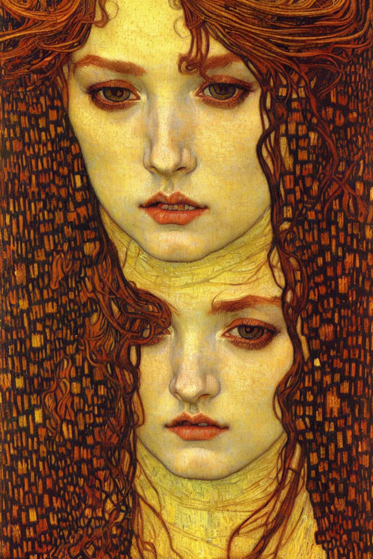 Image similar to detailed realistic beautiful young medieval queen face portrait by jean delville, gustav klimt and vincent van gogh, art nouveau, symbolist, visionary, gothic, pre - raphaelite, muted earthy colors, desaturated