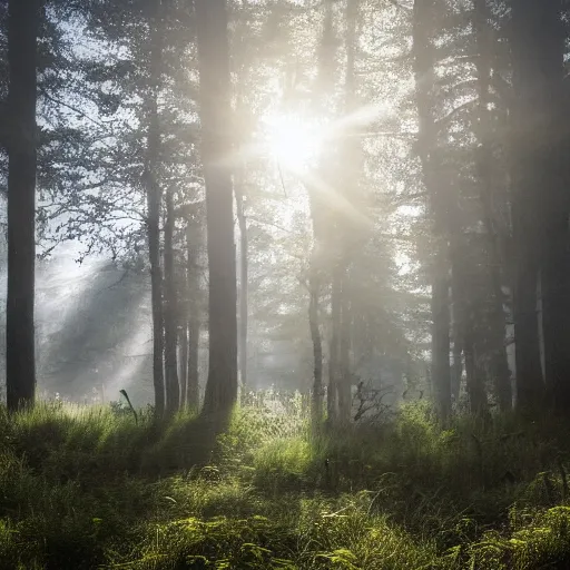 Prompt: sad minion in misty forest scene, the sun shining through the trees