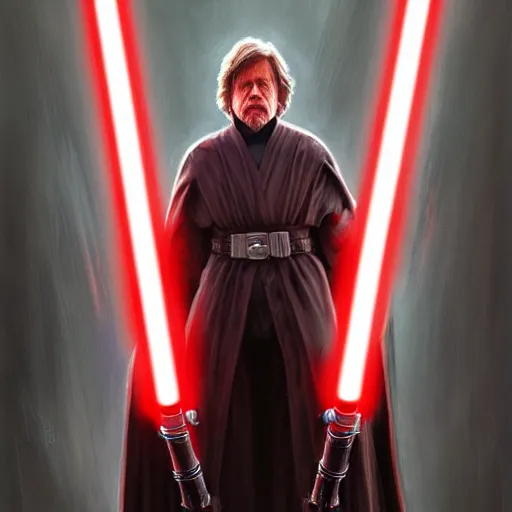 Image similar to Mark Hamill as Sith Lord with red light saber and in power armor, western, D&D, fantasy, intricate, elegant, highly detailed, digital painting, artstation, concept art, matte, sharp focus, illustration, art by Artgerm and Greg Rutkowski and Alphonse Mucha
