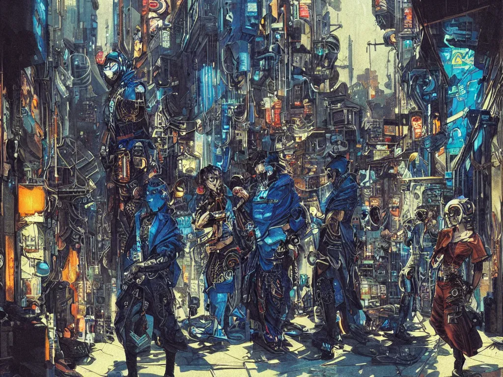 Image similar to a cyberpunk gang in the alleyway between art deco buildings, graffiti, fine detail, intricate, polished, blue color scheme, digital art, illustration, by george luks and noriyoshi ohrai