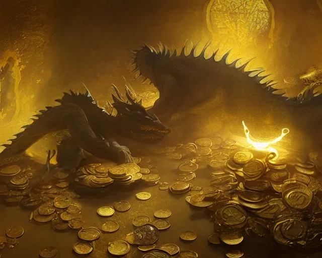 Image similar to dragon sleeping in a room filled with gold coin, gold, treasure. glistening, volumetric light, by greg rutkowski