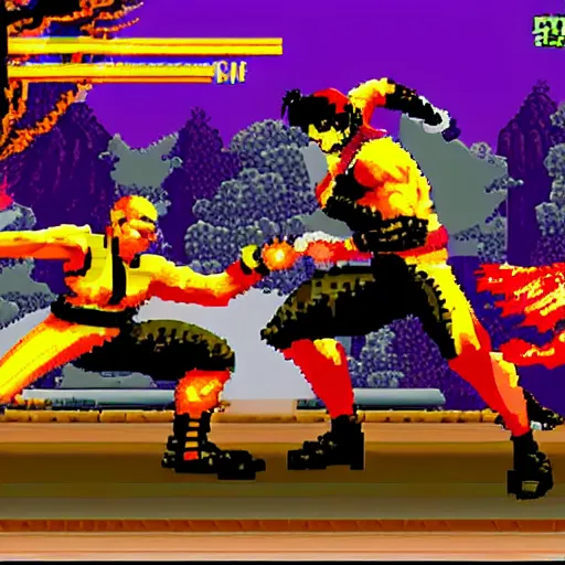 Prompt: a screenshot from gameplay from a new 2 d mortal kombat game using digitzed graphics in the style of retro 1 6 - bit midway arcade games