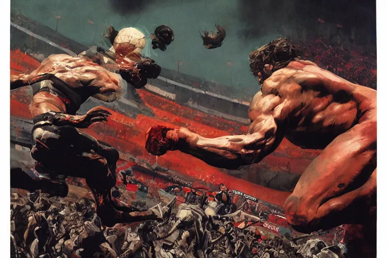 Prompt: POV looking at my arm mutating into flesh and tubes at the Olympic stadium, by Katsuhiro Otomo, Phil hale, Ashley wood, Ilya repin, frank frazetta, 8k, hd, high resolution print